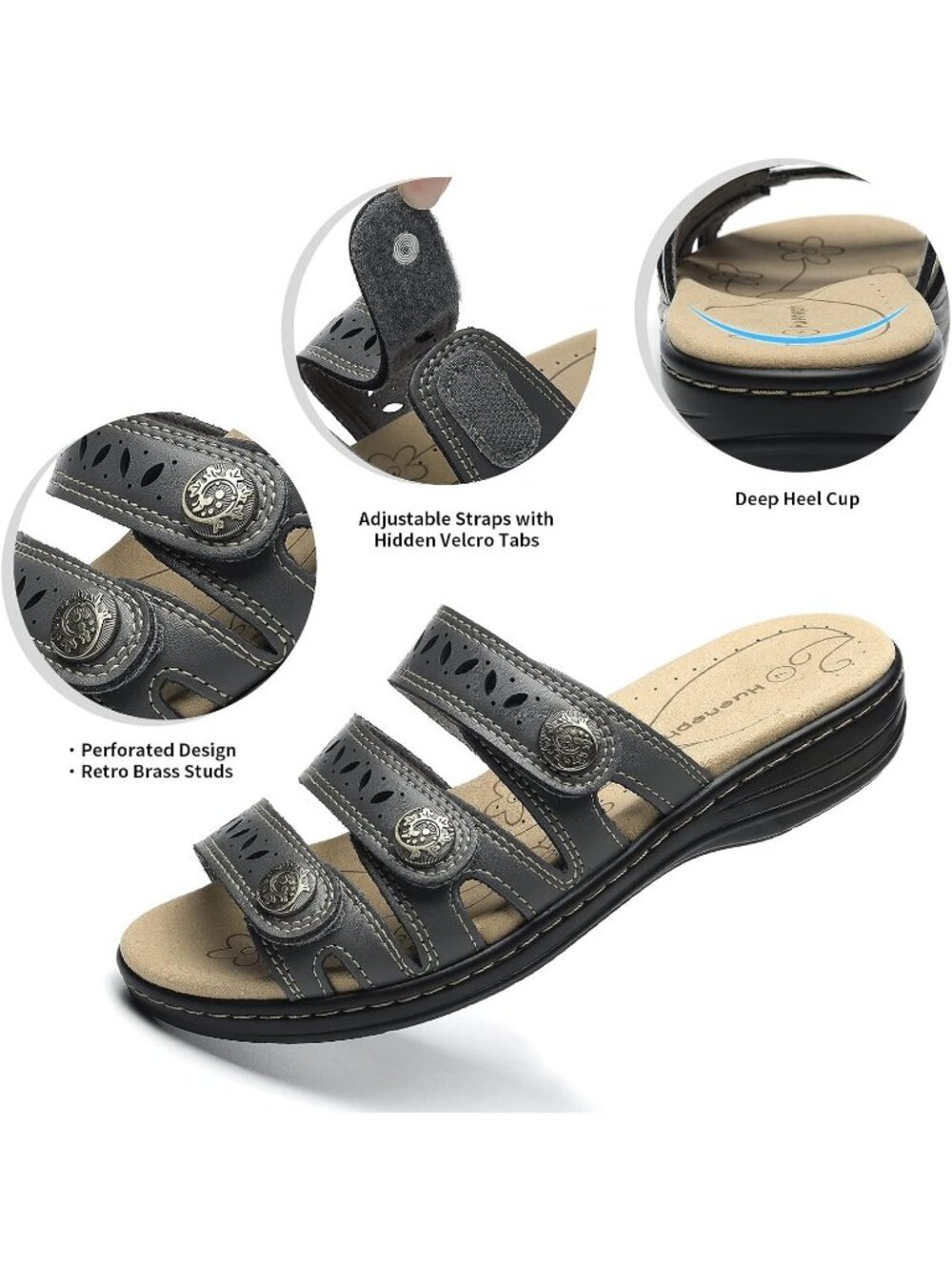 Women's Comfort Leather Slides Flat Sandals Grey Slip On Casual Walking Slippers - Picture 3 of 6